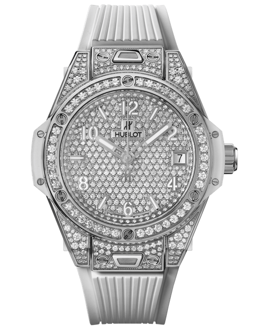 Men's watch / unisex HUBLOT, One Click Steel White Full Pave / 39mm, SKU: 465.SE.9010.RW.1604 | watchphilosophy.co.uk