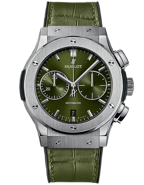 Men's watch / unisex HUBLOT, Classic Fusion Chronograph Titanium Green / 45mm, SKU: 521.NX.8970.LR | watchphilosophy.co.uk