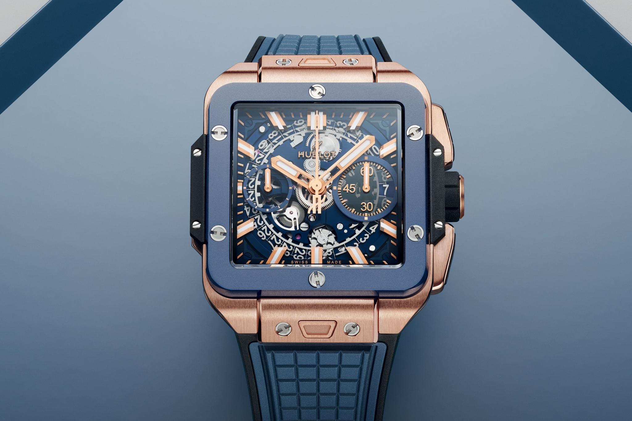 Men's watch / unisex HUBLOT, Square Bang Unico King Gold Blue Ceramic / 42mm, SKU: 821.OL.5180.RX | watchphilosophy.co.uk
