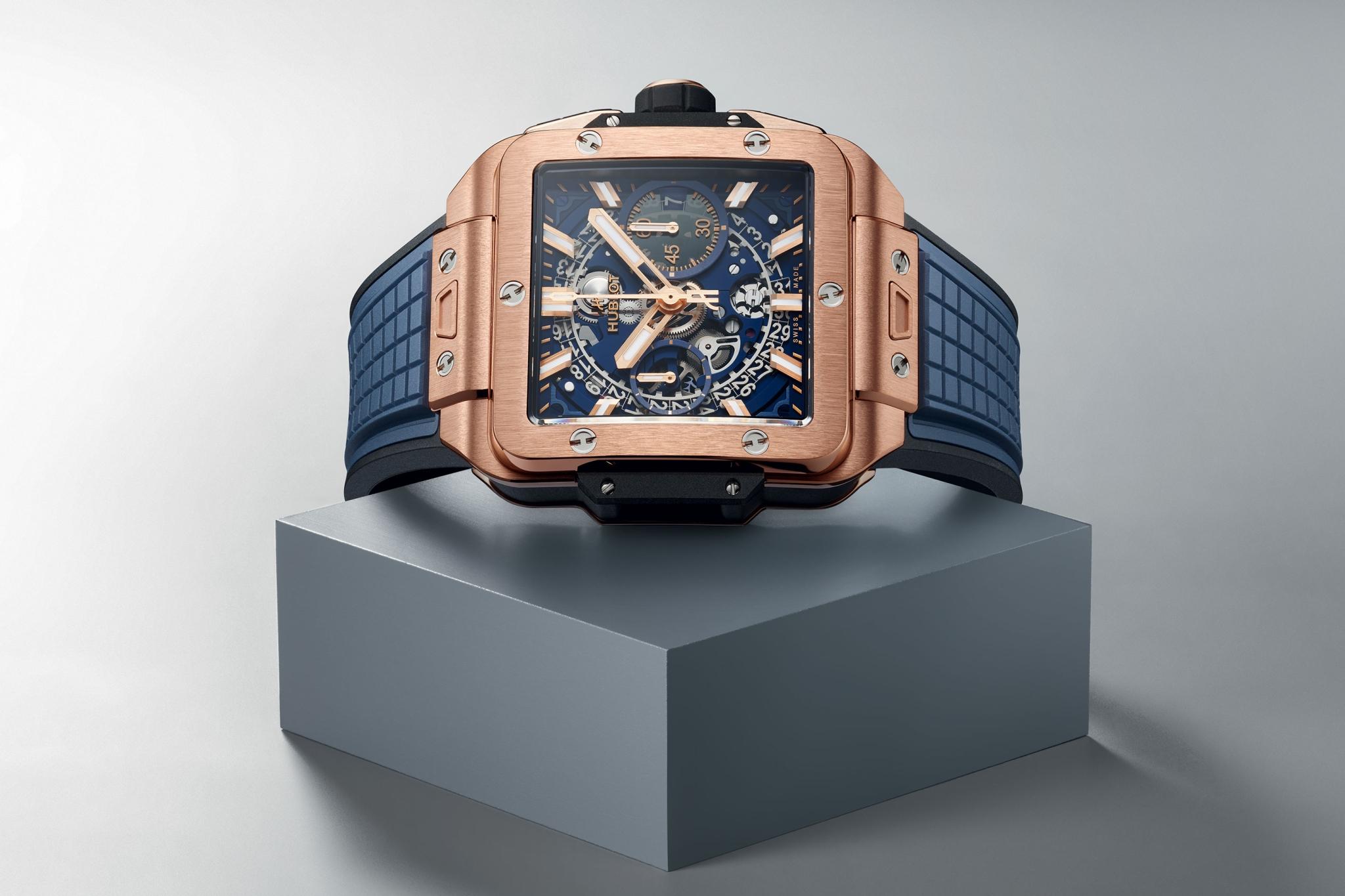 Men's watch / unisex HUBLOT, Square Bang Unico King Gold Blue / 42mm, SKU: 821.OX.5180.RX | watchphilosophy.co.uk