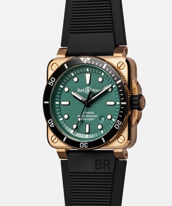 Men's watch / unisex BELL & ROSS, BR 03-92 Diver Black & Green Bronze / 42mm, SKU: BR0392-D-LT-BR/SRB | watchphilosophy.co.uk