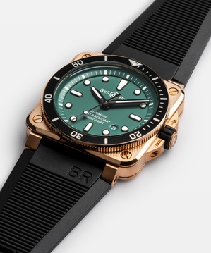 Men's watch / unisex BELL & ROSS, BR 03-92 Diver Black & Green Bronze / 42mm, SKU: BR0392-D-LT-BR/SRB | watchphilosophy.co.uk