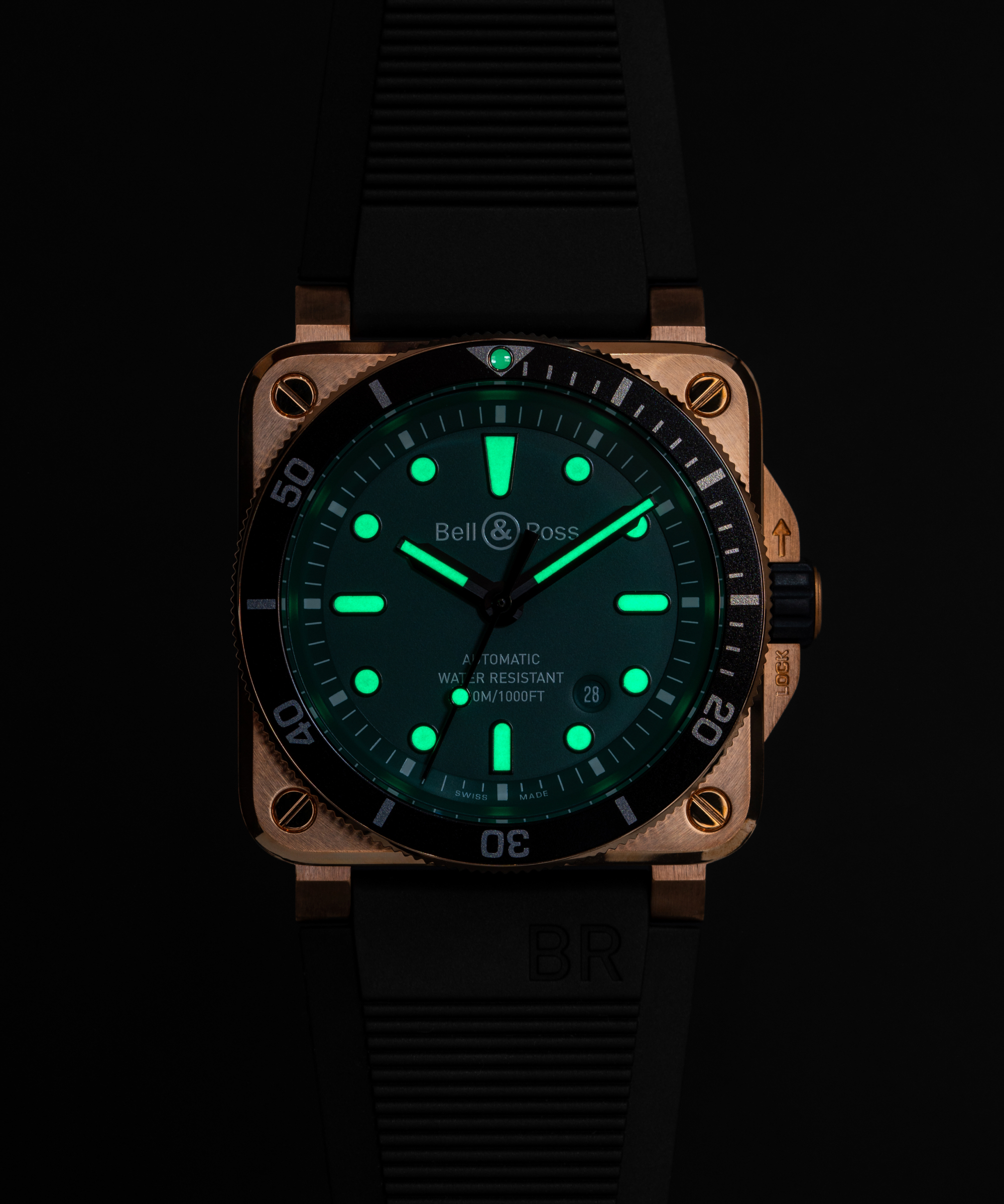 Men's watch / unisex BELL & ROSS, BR 03-92 Diver Black & Green Bronze / 42mm, SKU: BR0392-D-LT-BR/SRB | watchphilosophy.co.uk