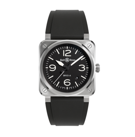 Men's watch / unisex BELL & ROSS, BR 03 Black Steel / 41mm, SKU: BR03A-BL-ST/SRB | watchphilosophy.co.uk