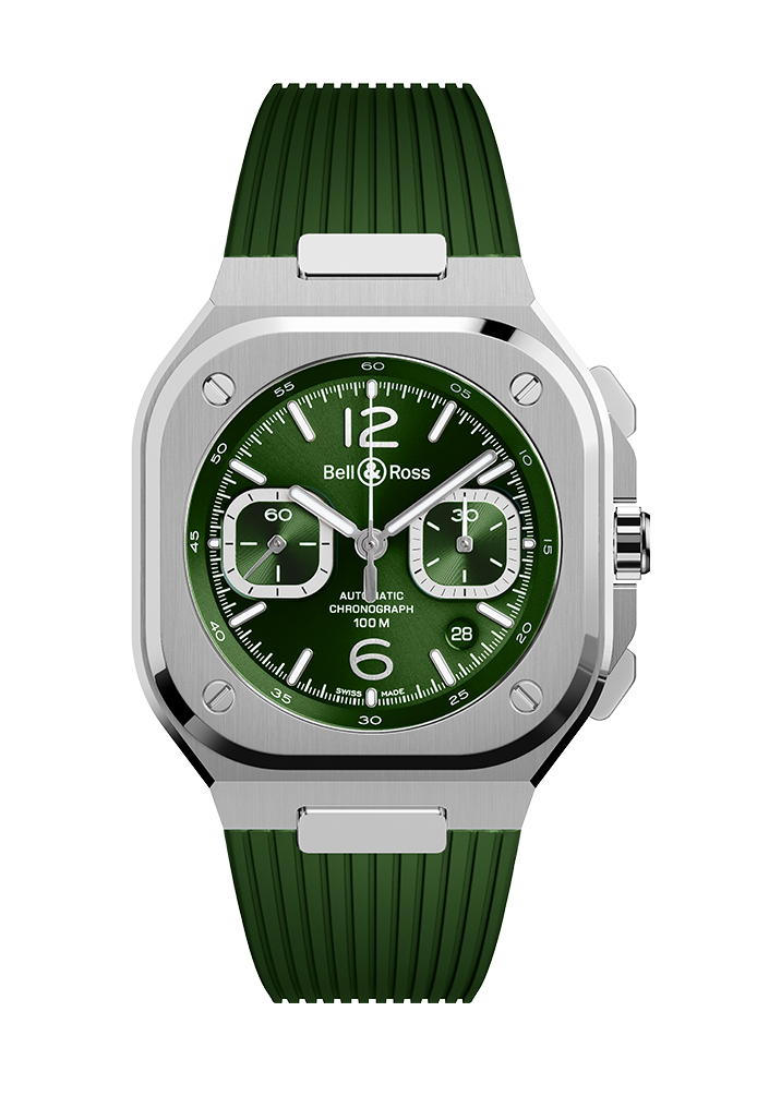 Men's watch / unisex BELL & ROSS, BR 05 Chrono Green Steel / 42mm, SKU: BR05C-GN-ST/SRB | watchphilosophy.co.uk
