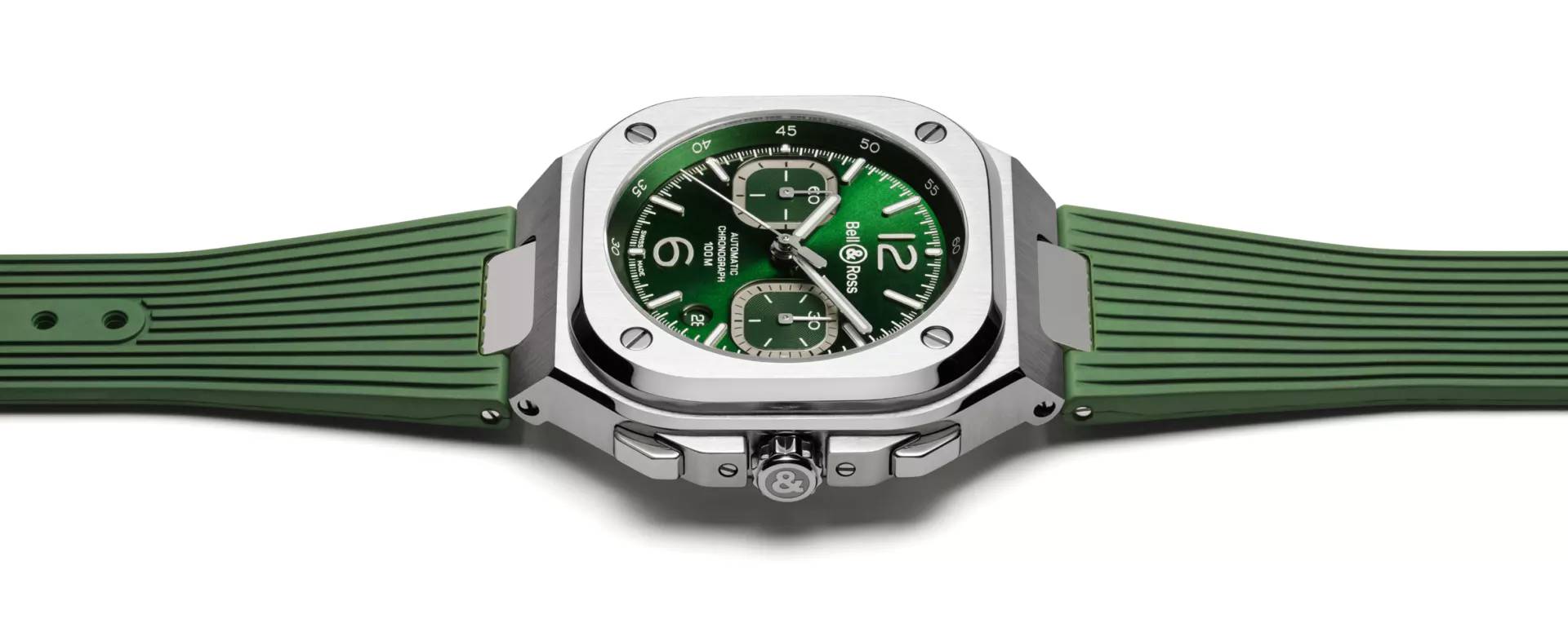 Men's watch / unisex BELL & ROSS, BR 05 Chrono Green Steel / 42mm, SKU: BR05C-GN-ST/SRB | watchphilosophy.co.uk