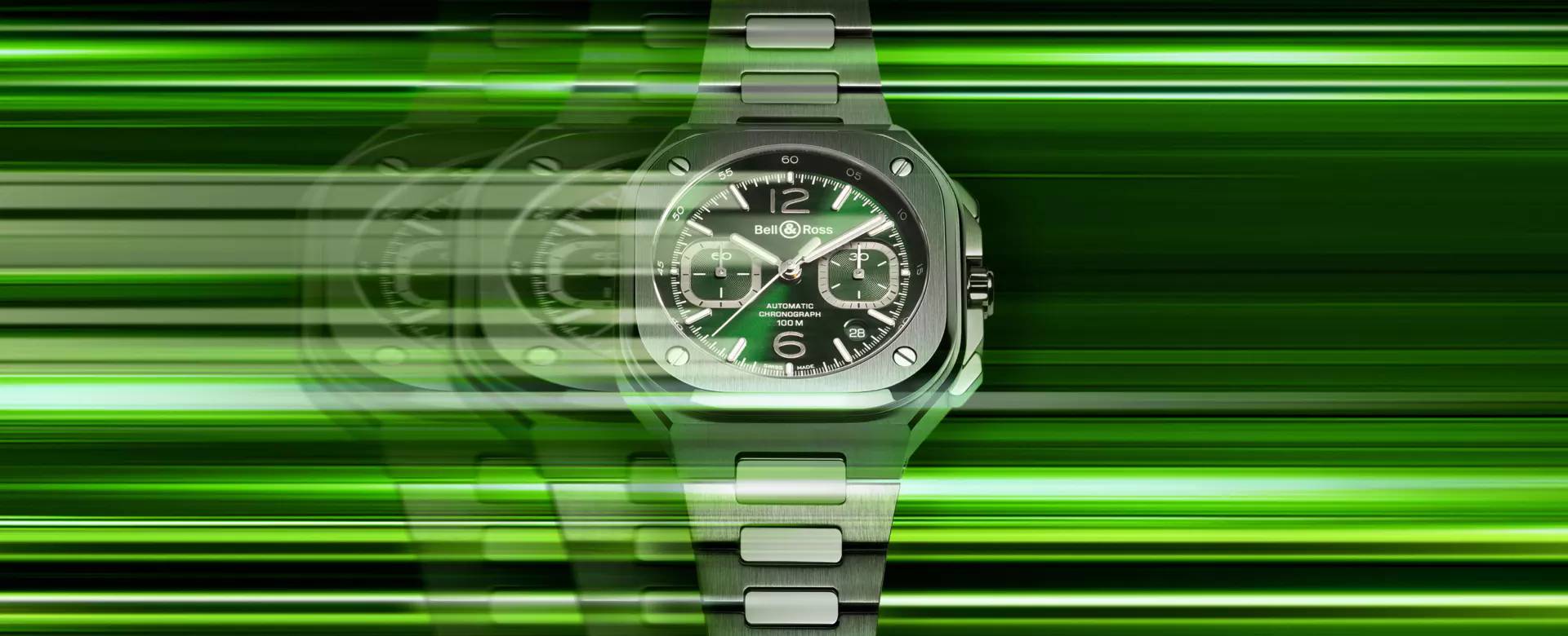 Men's watch / unisex BELL & ROSS, BR 05 Chrono Green Steel / 42mm, SKU: BR05C-GN-ST/SST | watchphilosophy.co.uk